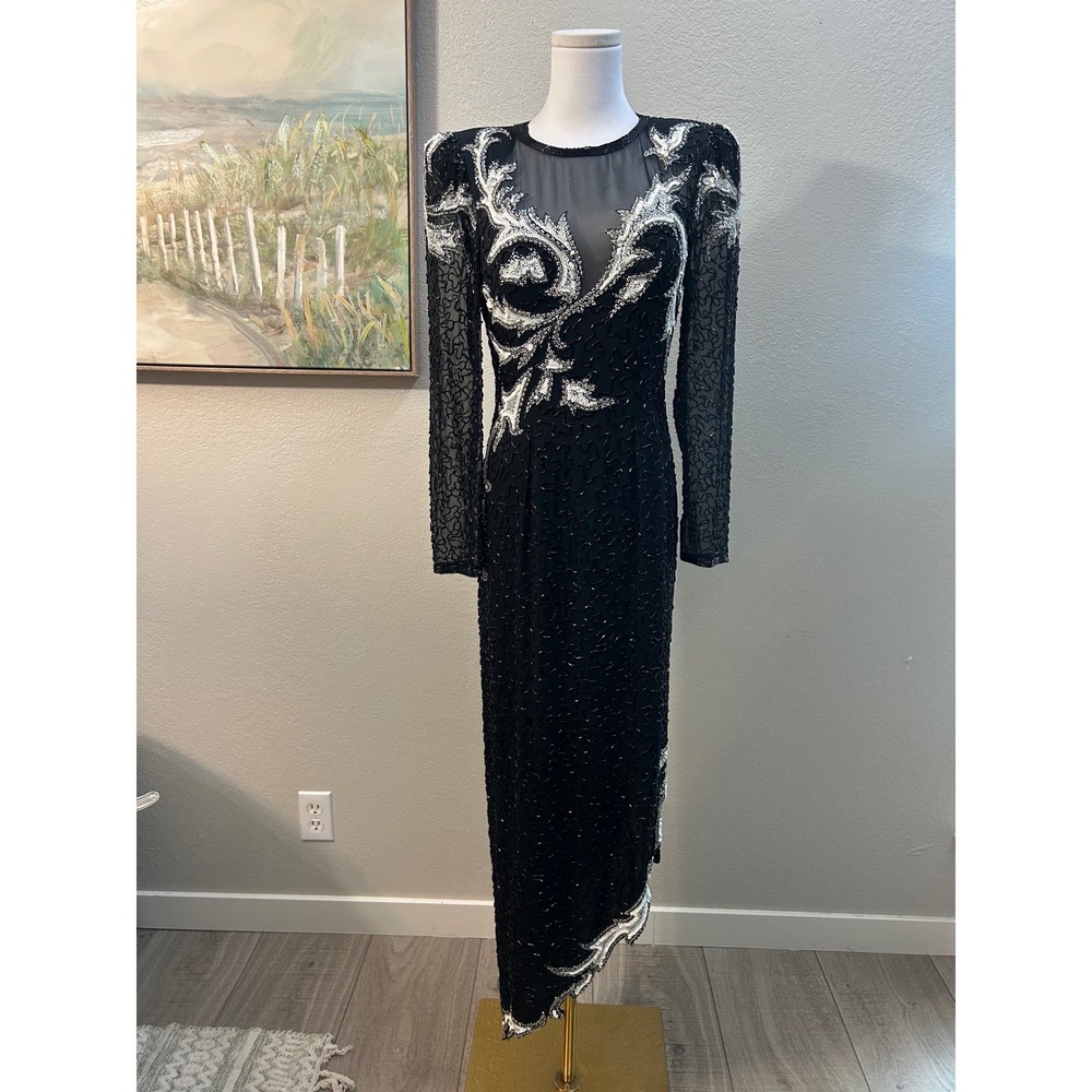 AJ Bari Vintage Black Silk Beaded Evening Dress Asymmetrical Hem Size 8